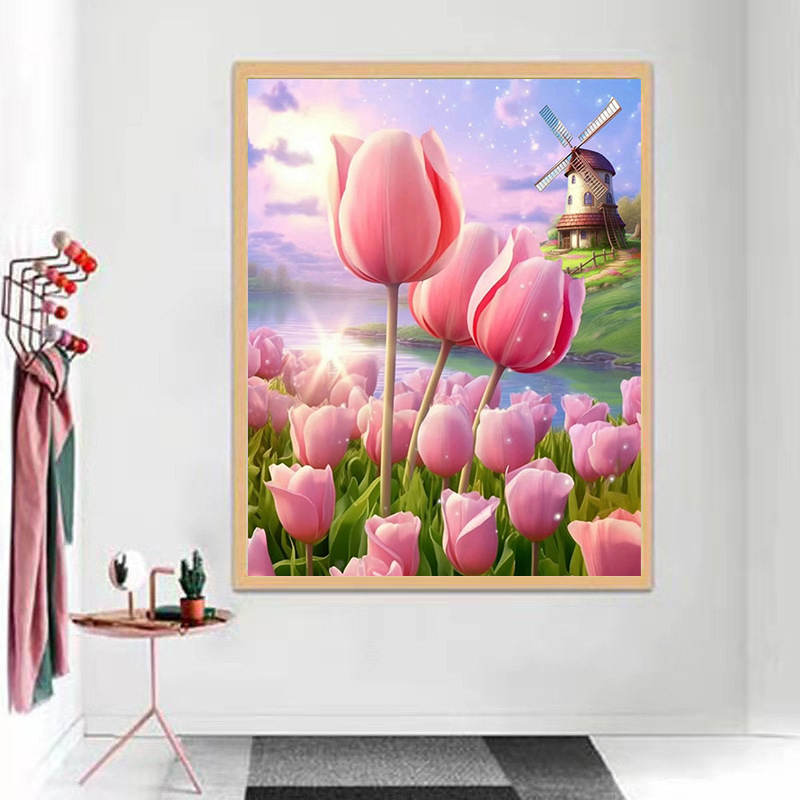 清晨郁金香十字绣新款客厅风景画竖版玄关十字绣小清新郁金香满绣