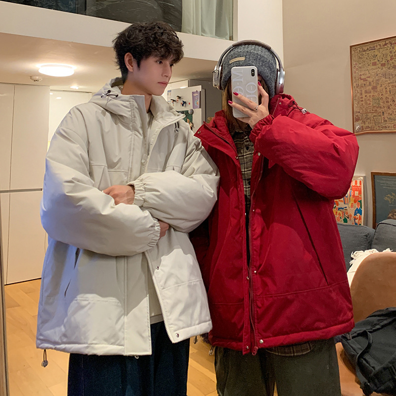 冬季新款男士韩版纯色连帽加厚保暖衣潮情侣网红同百搭有型外套