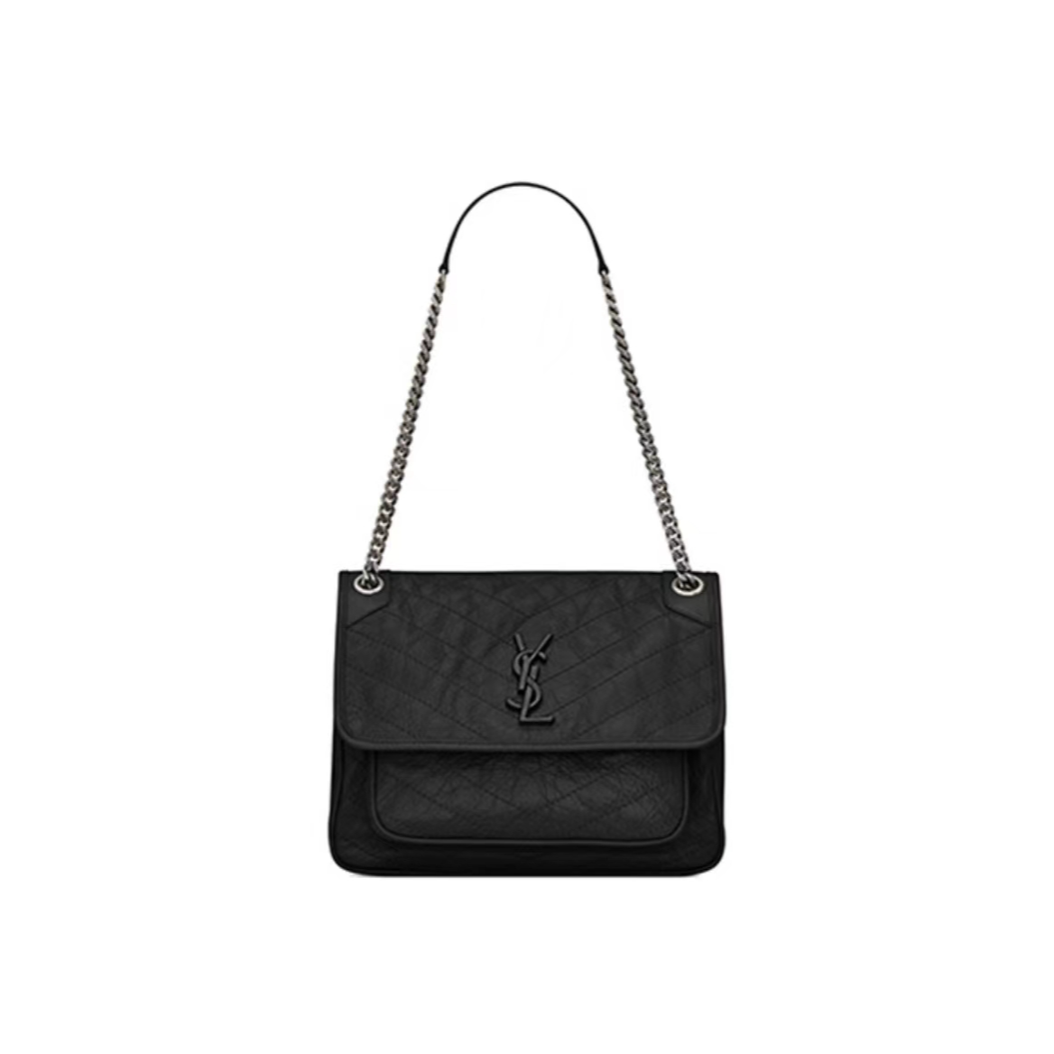 99新 YSL/圣罗兰 油蜡皮niki褶皱黑色邮差包中号/小号