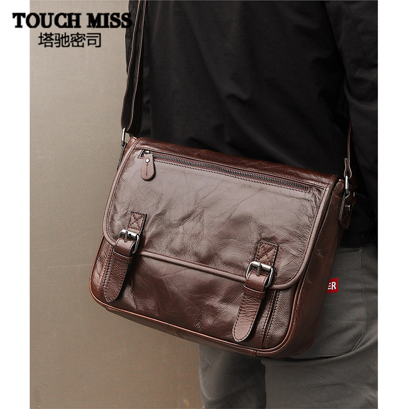 TOUCH MISS真皮横款复古单肩包男斜挎包头层牛皮男包商务休闲包