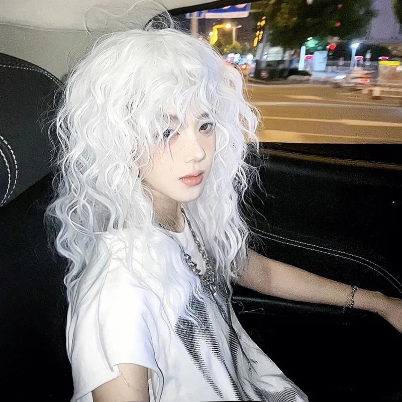 小鱼原创欧美超酷个性时尚万圣节小恶魔白色羊毛卷全头中长假发套
