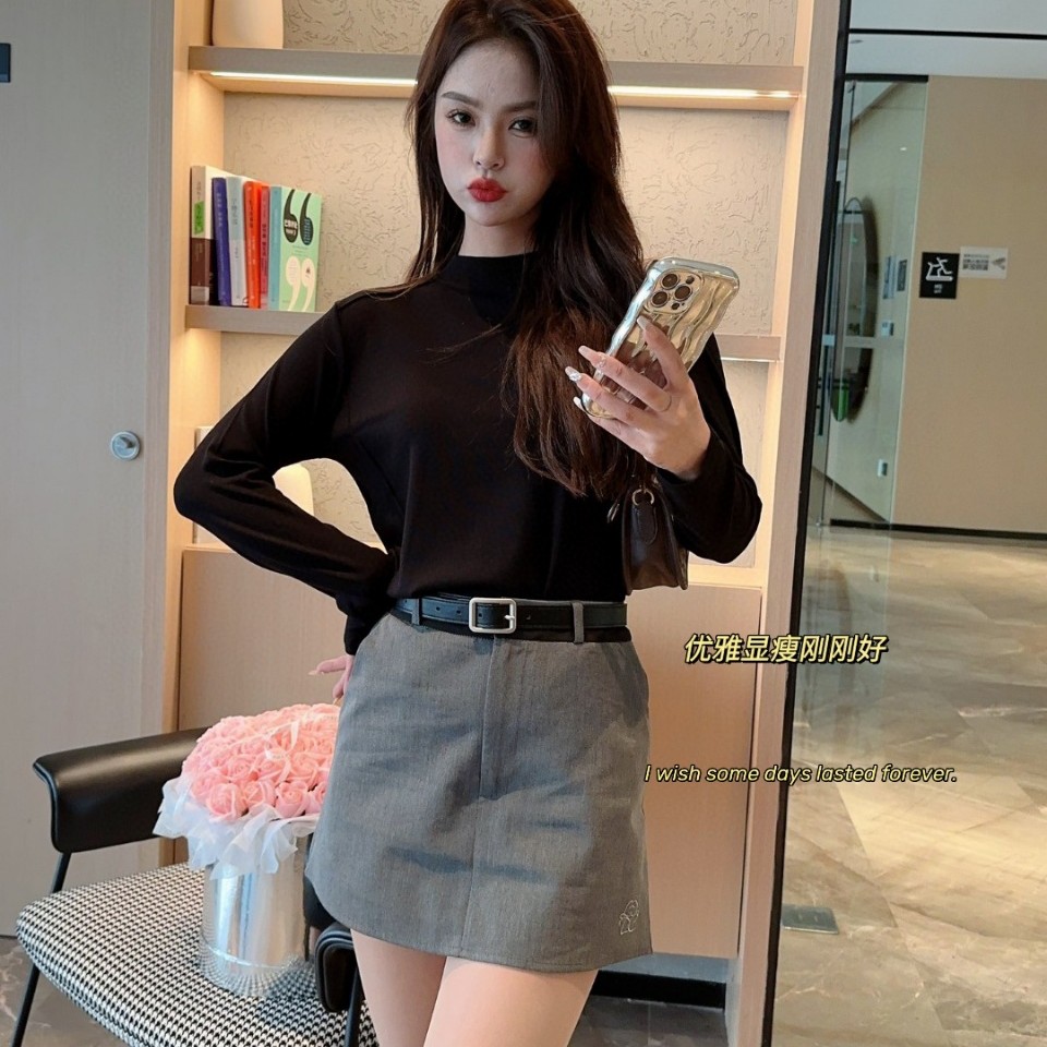 2023春款立体腰线螺纹打底衫百搭修身纯色秋冬外穿明线时尚上衣