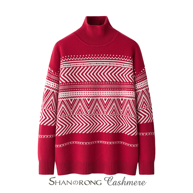 费尔岛新年红色毛衣100%纯山羊绒秋冬套头条纹针织衫宽松半高领厚