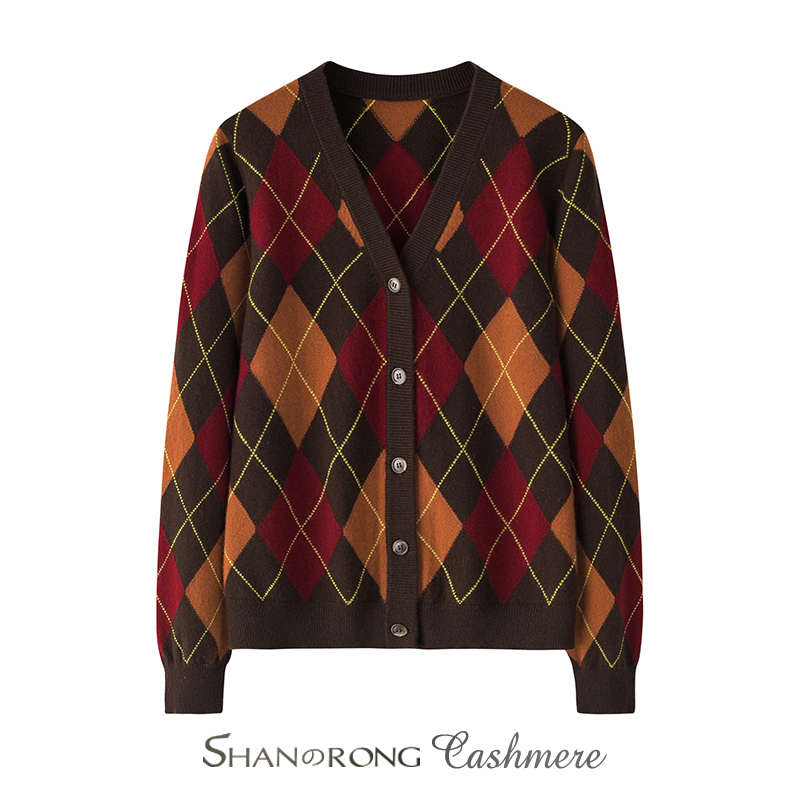 美拉德羊绒开衫女复古撞色菱格V领修身针织外套100纯山羊绒面料