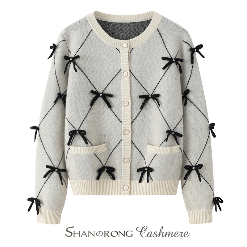 手工设计感十足~短款100%纯山羊绒开衫女加厚秋冬针织外套上衣