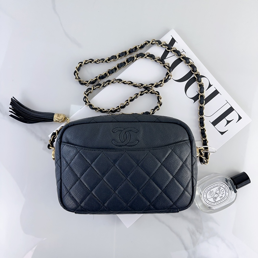 95新 Chanel/香奈儿 女士时尚经典黑金荔枝牛单肩相机包 二奢包包