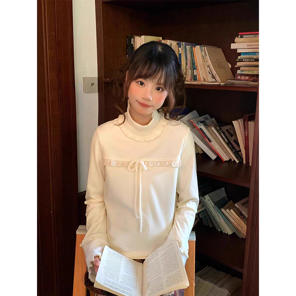 甜美少女感蝴蝶结花边高领打底衫秋冬减龄显瘦温柔风内搭T恤上衣