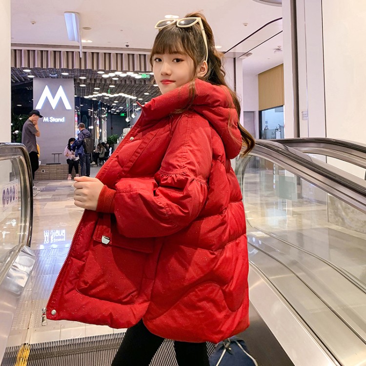 女孩羽绒服中大童洋气时尚中长款加厚保暖秋冬季宽松连帽儿童外套