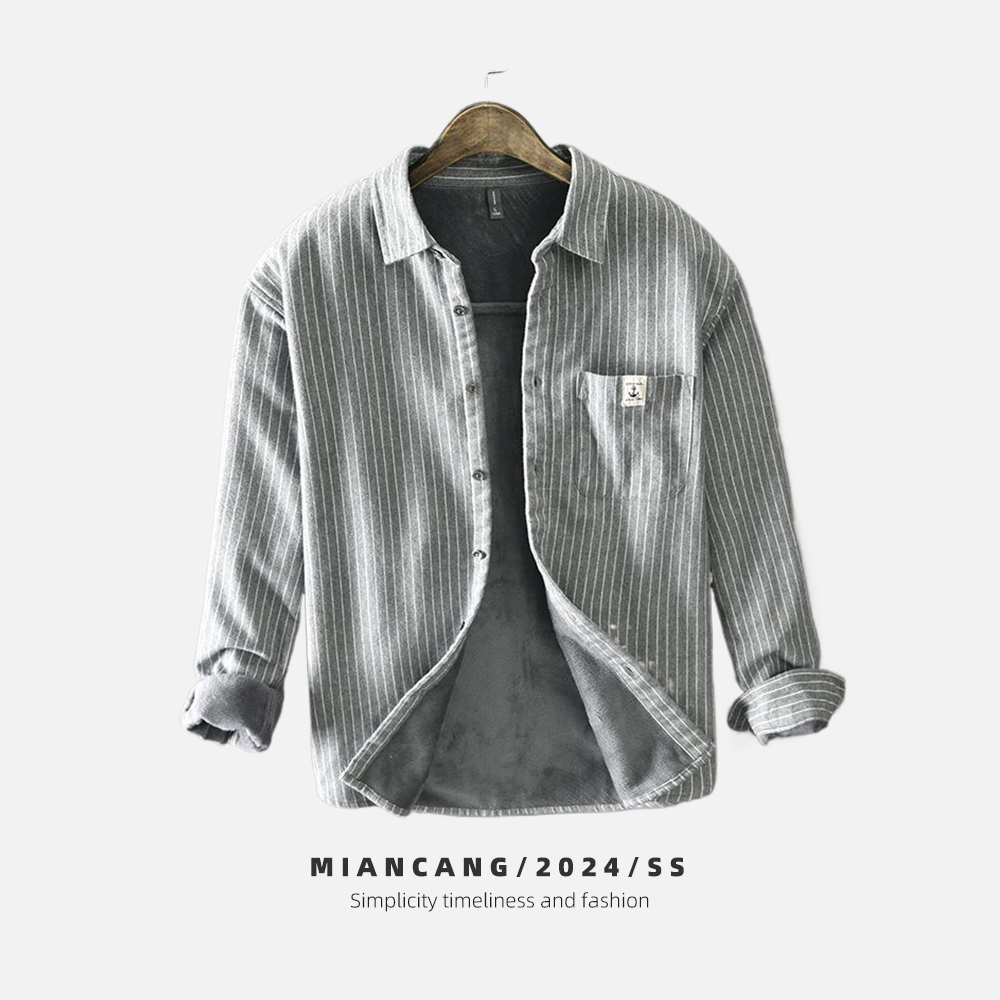 加绒加厚竖条纹衬衫男冬季厚款保暖日系复古磨毛休闲长袖衬衣外套