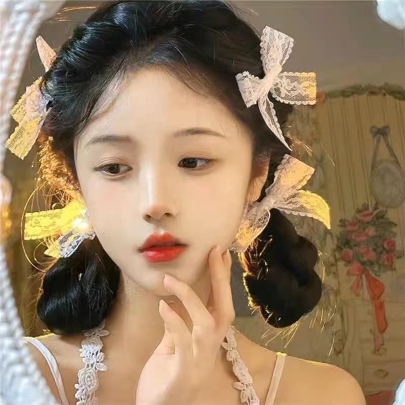 仙女甜美白色蝴蝶结蕾丝bb一字夹刘海侧边头饰发夹编发双马尾拍照