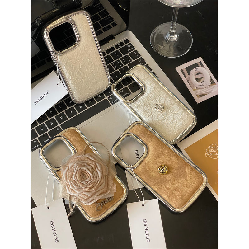 适用苹果系列iPhone15轻奢气质14pro花纹干枯玫瑰13p布艺12手机壳