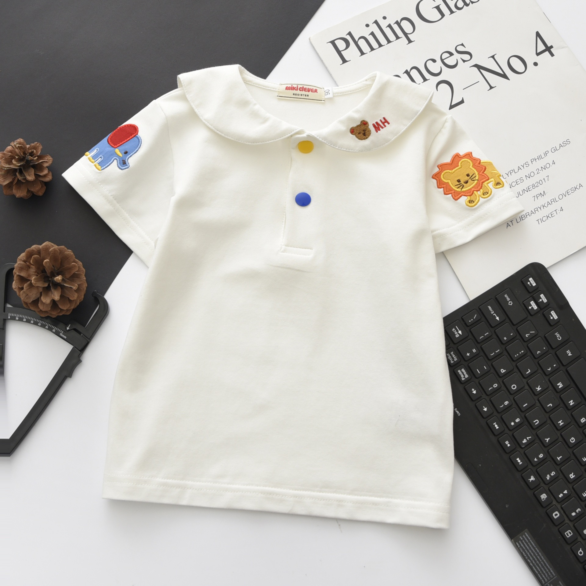 日系miki夏新款小熊刺绣短袖衬衫儿童夏款短袖海军领打底衫翻领