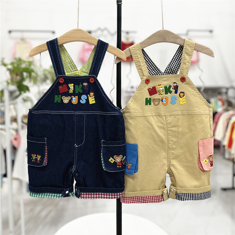 24夏季男女童日系卡通小熊字母刺绣宝宝潮牌双色口袋背带短裤