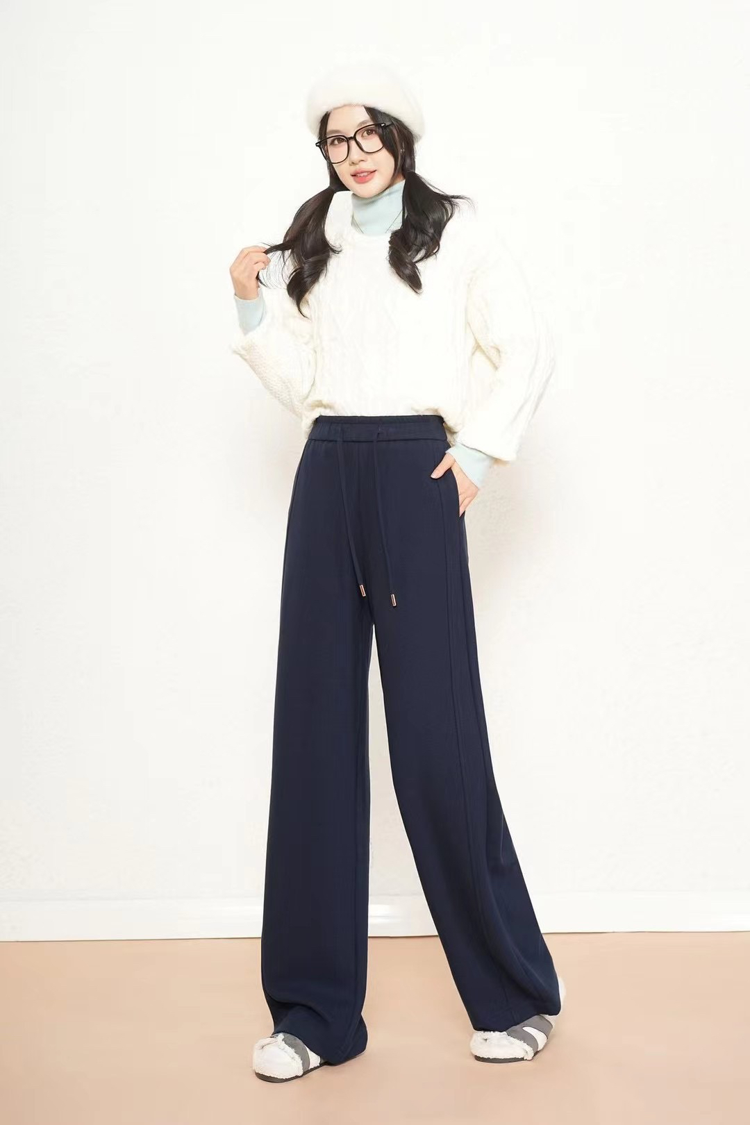 韩版双色松紧腰休闲裤显瘦窄版直筒裤