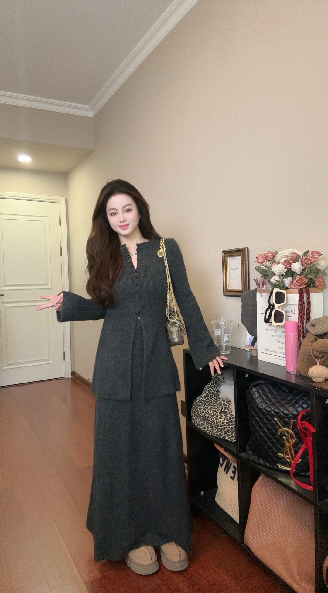 单排扣上衣连衣裙毛衣套装女秋冬新款时尚高级感气质显瘦修身收腰