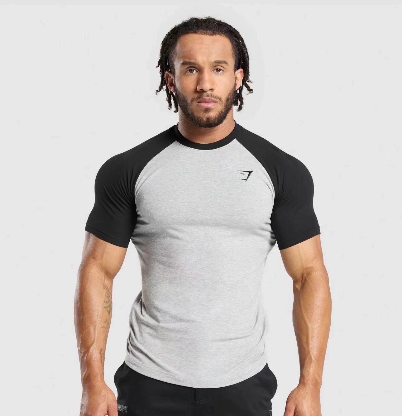 新款超帅经典Gymshark Raglan男运动健身弹力棉修身刺绣标上衣