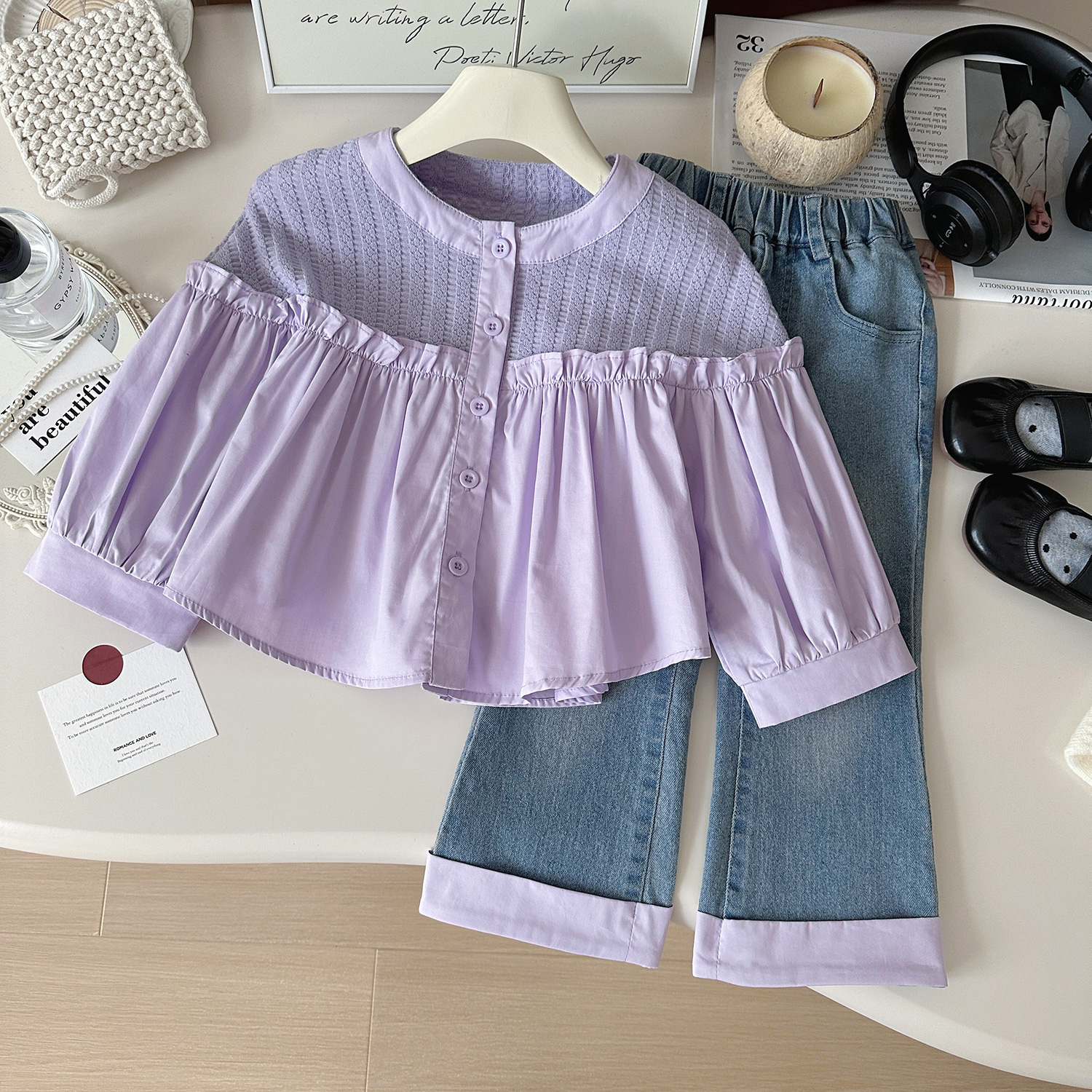 女童秋季新款设计感套装女宝气质衬衫牛仔长裤套装Q67623