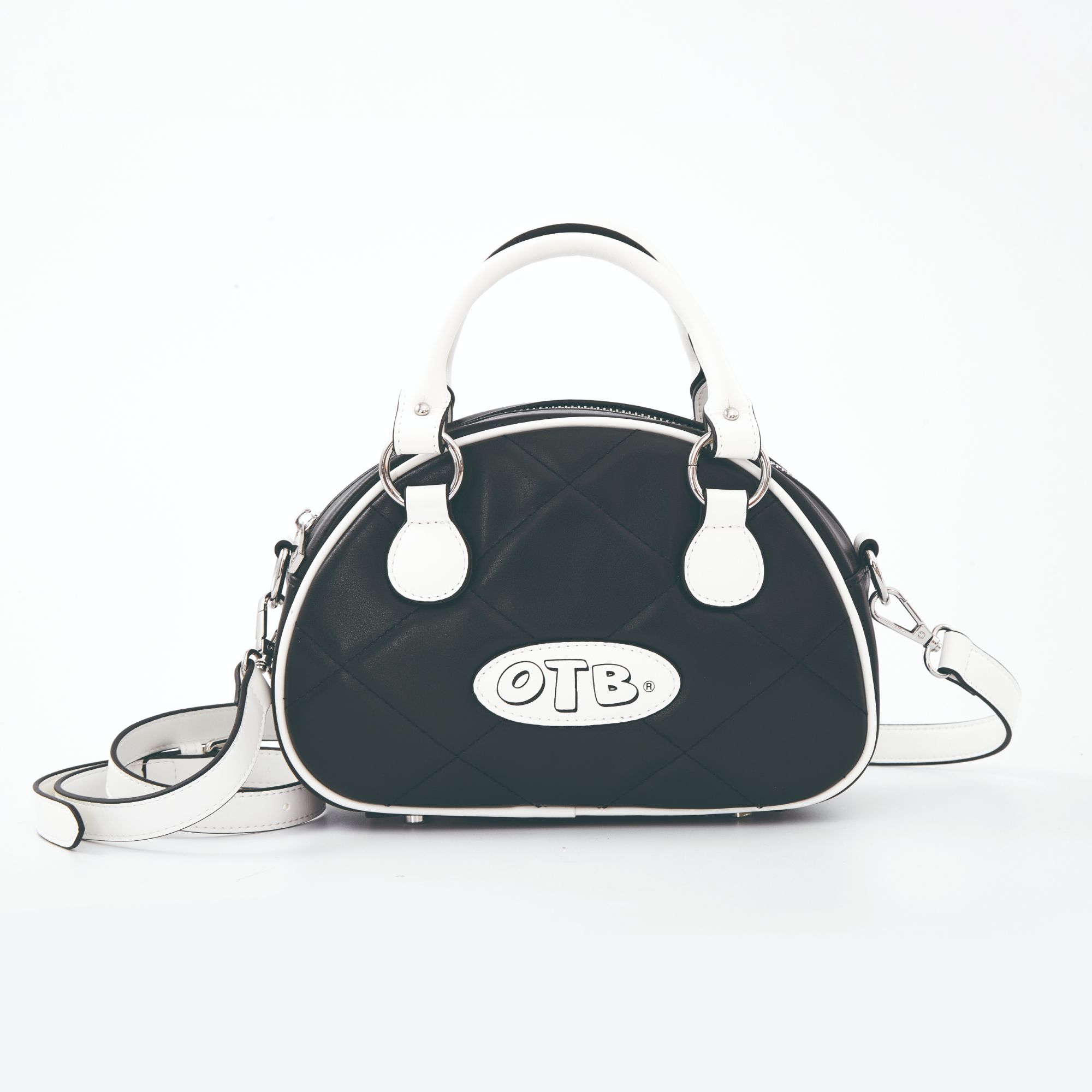 OTB时尚黑色单肩女士枕头包圆饼包经典波士顿条纹圆形女单肩包