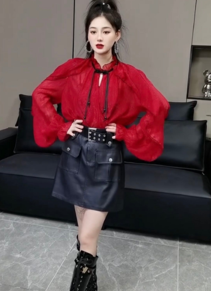 紫拉+8092#新款法式宽松荷叶边飞飞袖打底衫