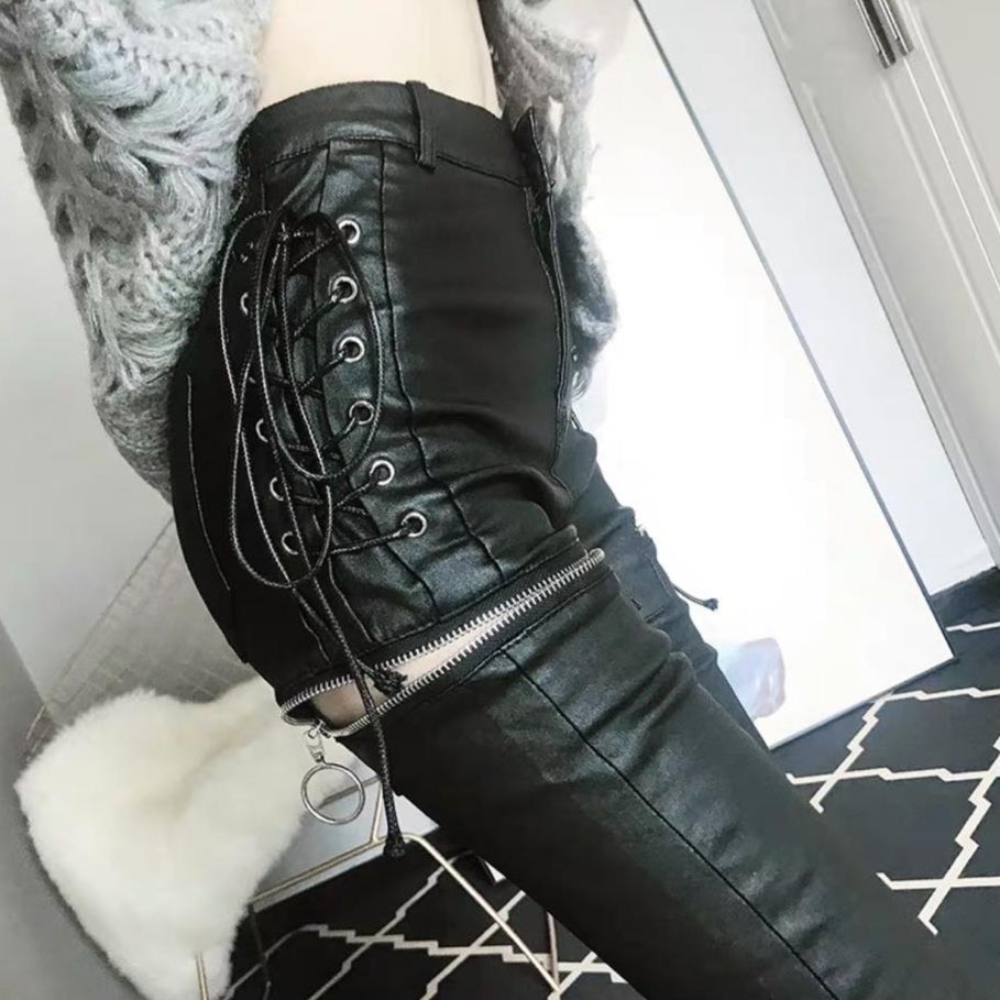 紫拉+9928#新款拉链款两侧抽绳设计涂层pu皮小脚裤