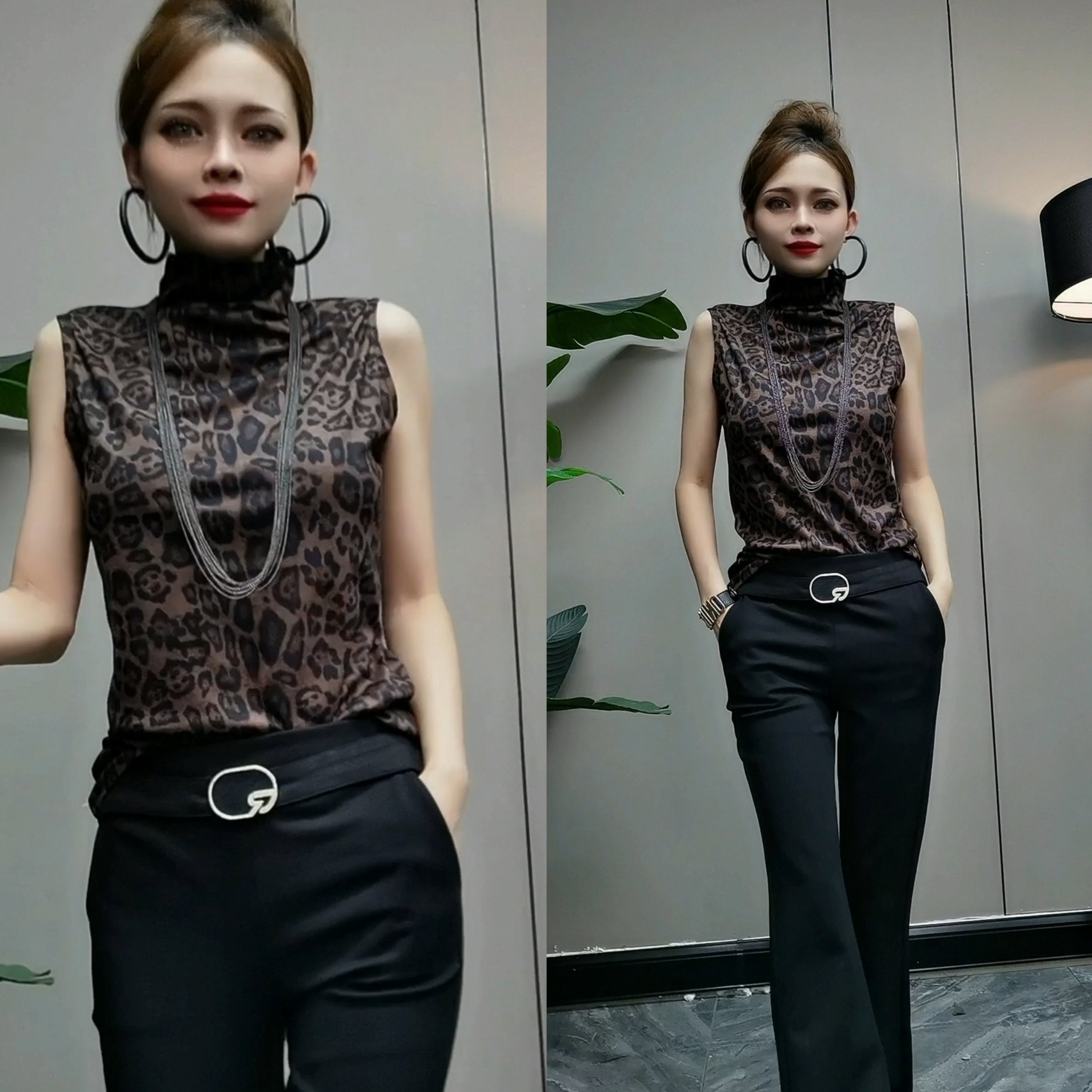 608#P气质高领豹纹控修身高弹力欧货百搭砍袖修身打底衫