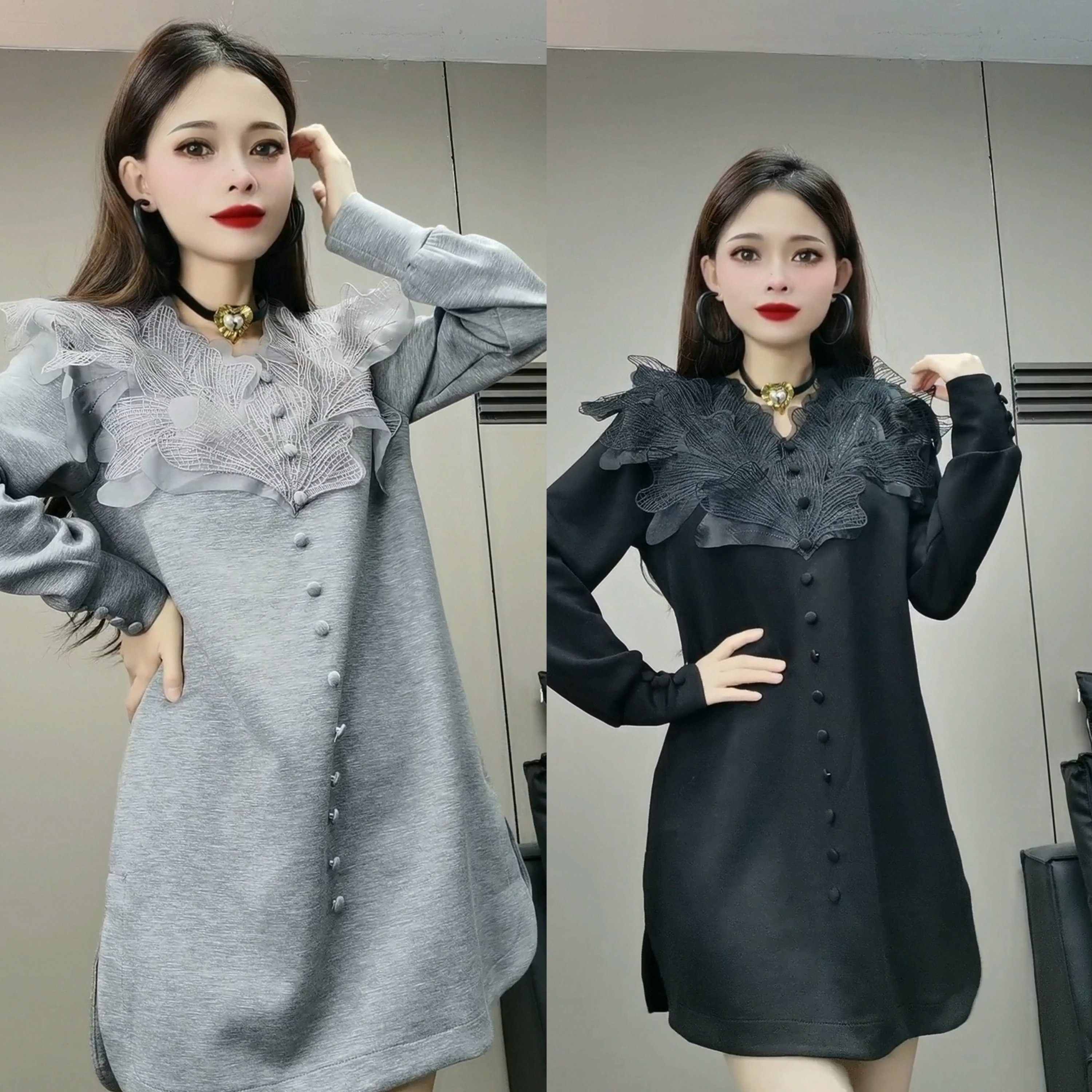 24433#CY欧货气质蕾丝拼接连衣裙女洋气设计感v领百搭法式中长裙