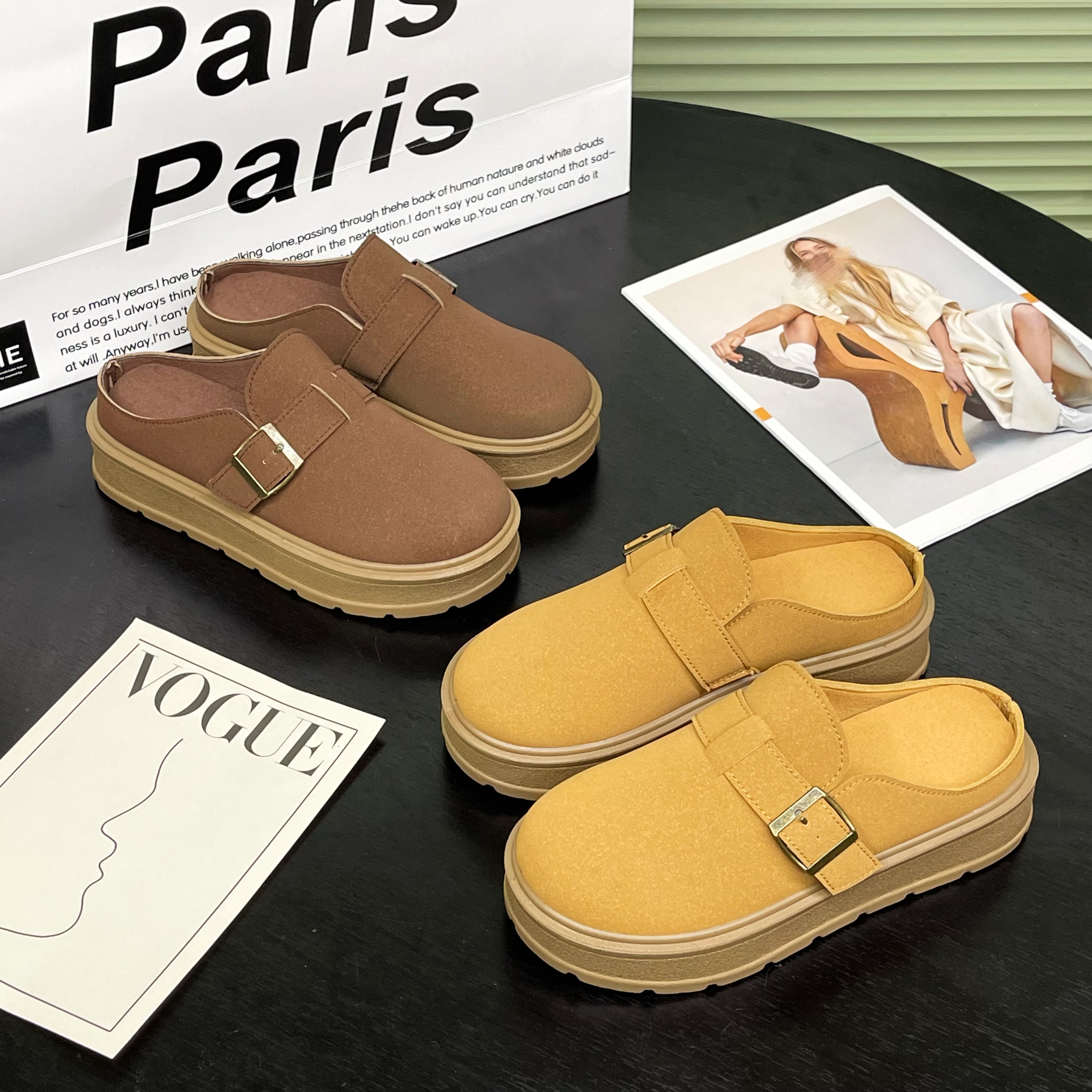 复古勃肯鞋半托女2024新款圆头舒适平底懒人休闲鞋D17