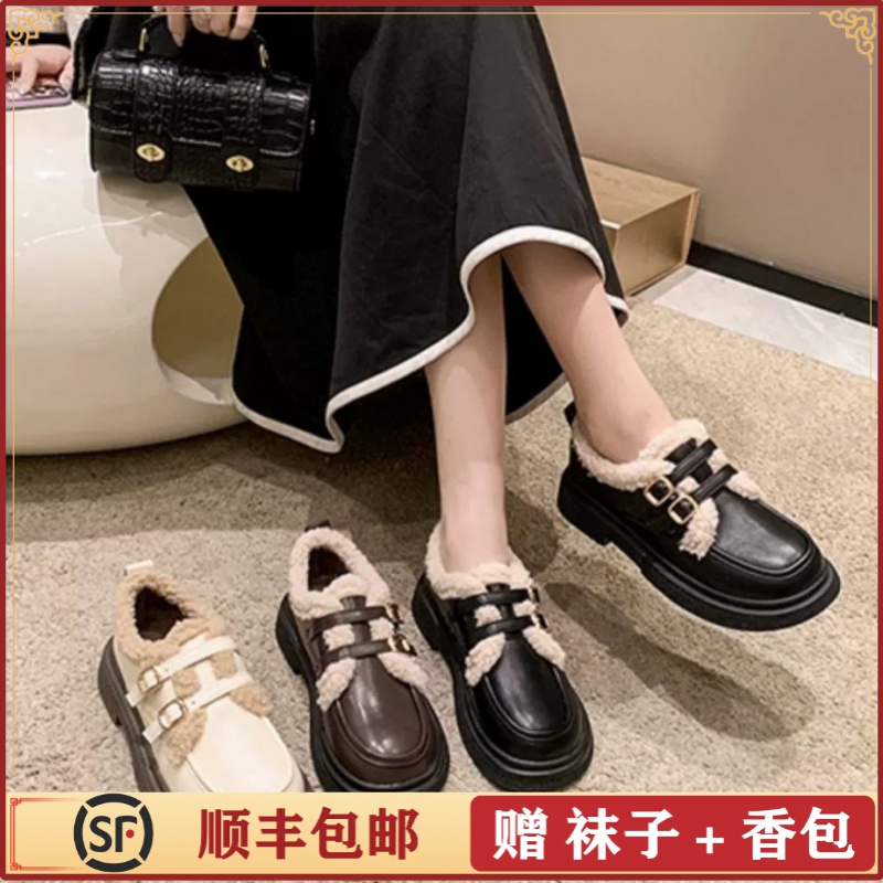 大东陂厚底小皮鞋女英伦风单鞋秋冬加绒百搭老钱风乐福鞋黑色女鞋