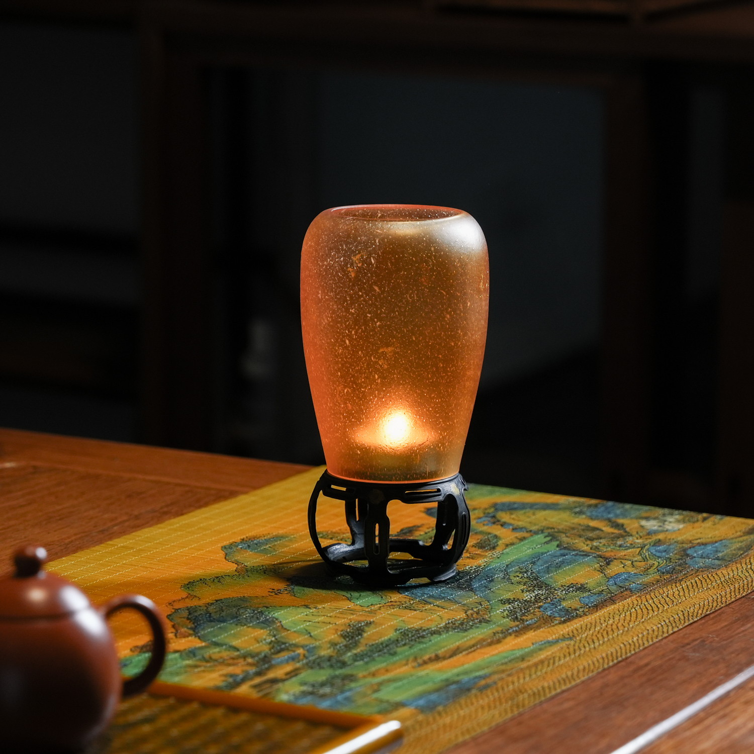 【琉璃灯】仿古意境古篱琉璃香炉烛台琥珀灯罩茶道配件非遗撒金紫铜