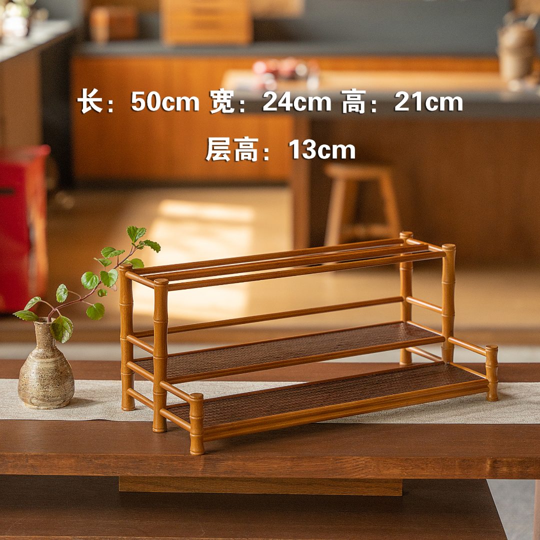 【自慢】竹编带沥水复古楠竹席面双层杯架壶架茶棚竹茶杯架茶具