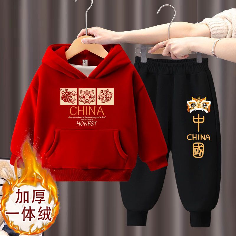 男女童套装冬季加绒加厚连帽卫衣中国风宝宝一体绒保暖卫裤两件套