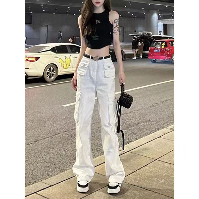 2023新款美式高街白色工装裤女秋季高腰设计感多口袋阔腿拖地裤