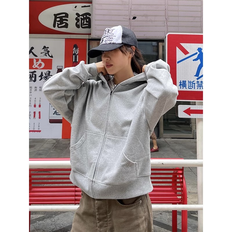 美式高街重磅短宽cleanfit纯色秋冬百搭连帽卫衣开衫男女上衣秋潮