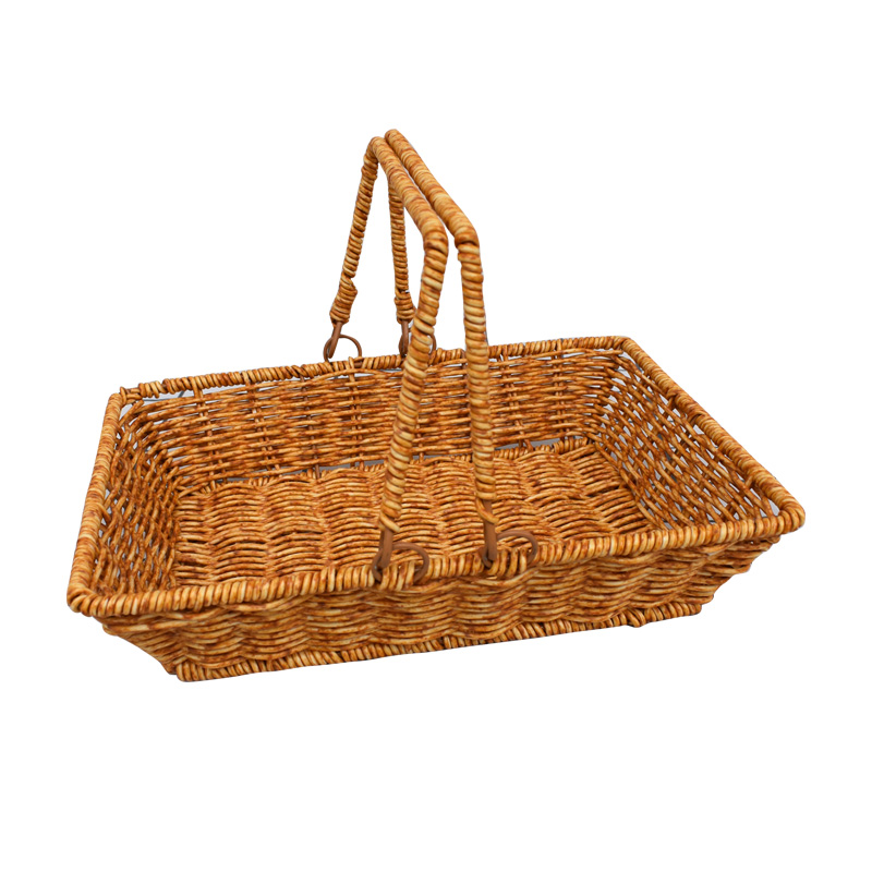 仿藤塑料编织提手长方形野餐篮塑料篮购物篮菜篮采摘果篮子果蔬篮