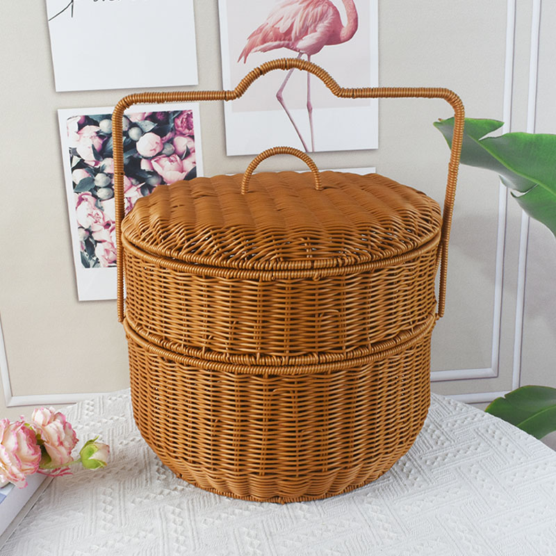 仿藤编织提篮户外野餐篮拜拜篮家用菜篮子收纳筐藤篮储物手提篮