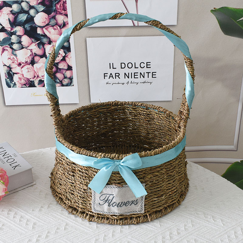 S055手提方形水草编织篮收纳篮丝带水果篮零食鲜花篮野餐篮礼品篮