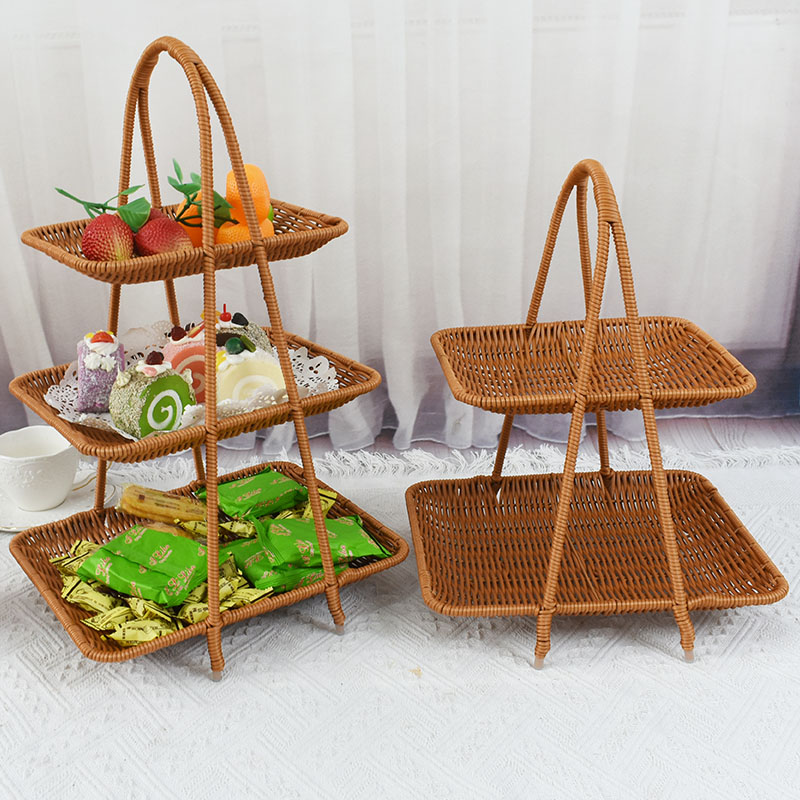 S006三层果盘PP仿藤编织架编织篮火锅店点心零食提篮水果面包盘