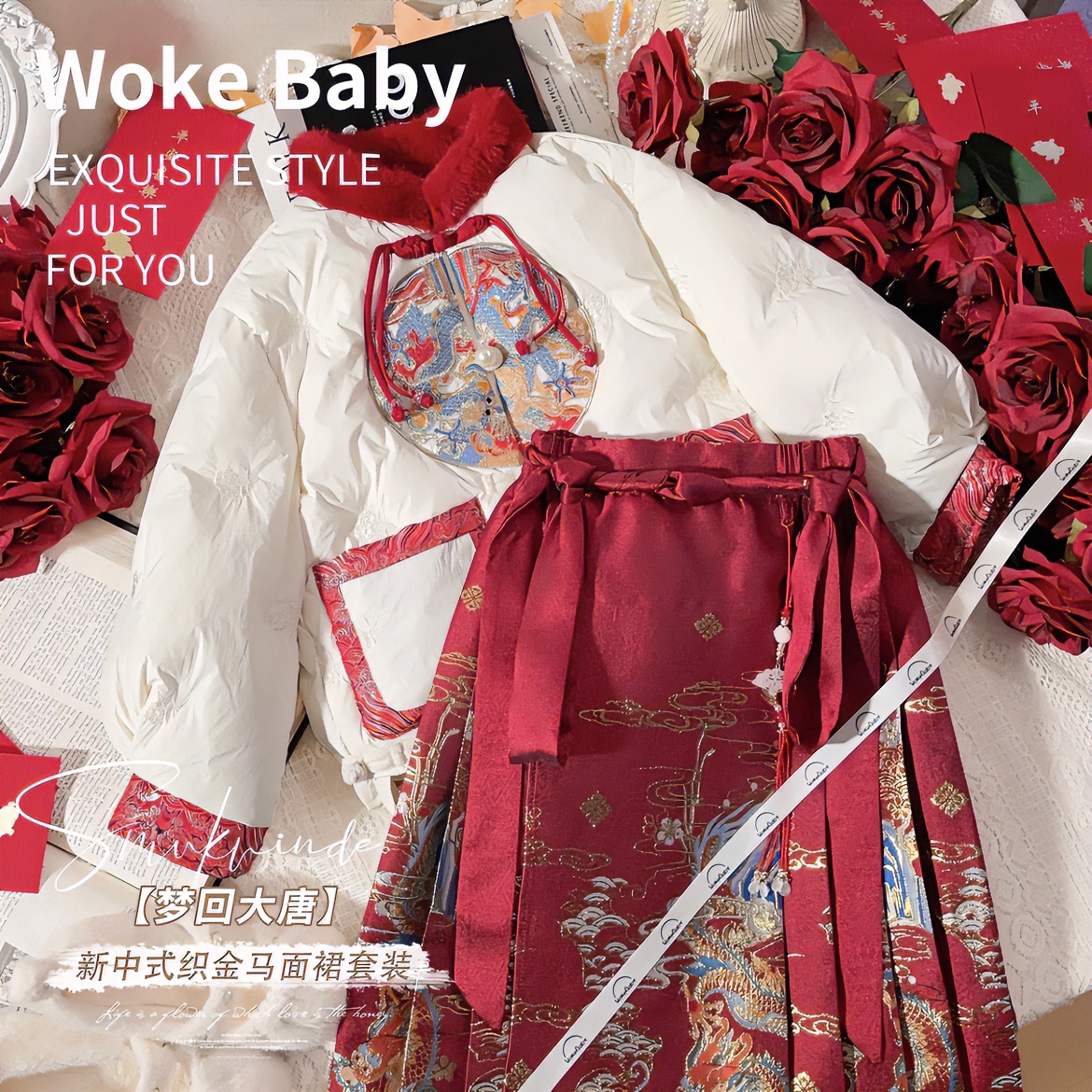女童马面裙套装2023新款拜年服儿童加绒夹棉棉服马面裙两件套秋冬