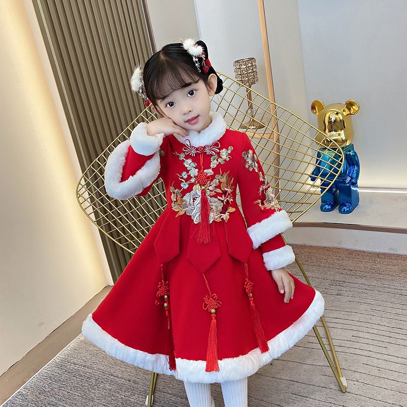 儿童拜年服加绒旗袍连衣裙中国风唐装2023毛呢冬款女宝汉服新年装