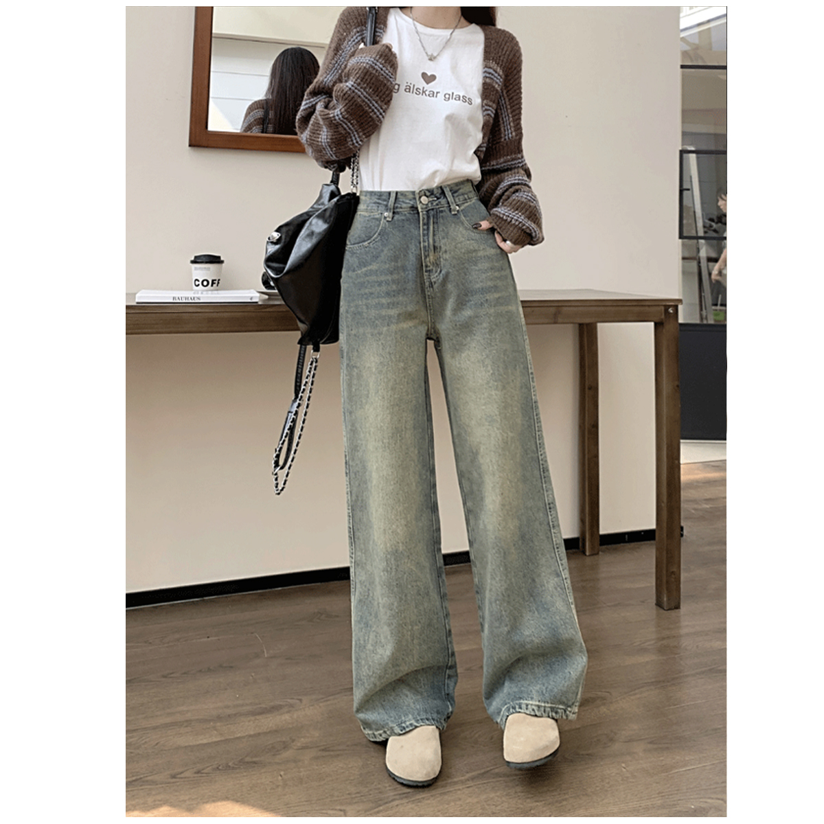 t28【尤物Fairy studio】美式牛仔春季复古怀旧高腰阔腿牛仔拖地裤