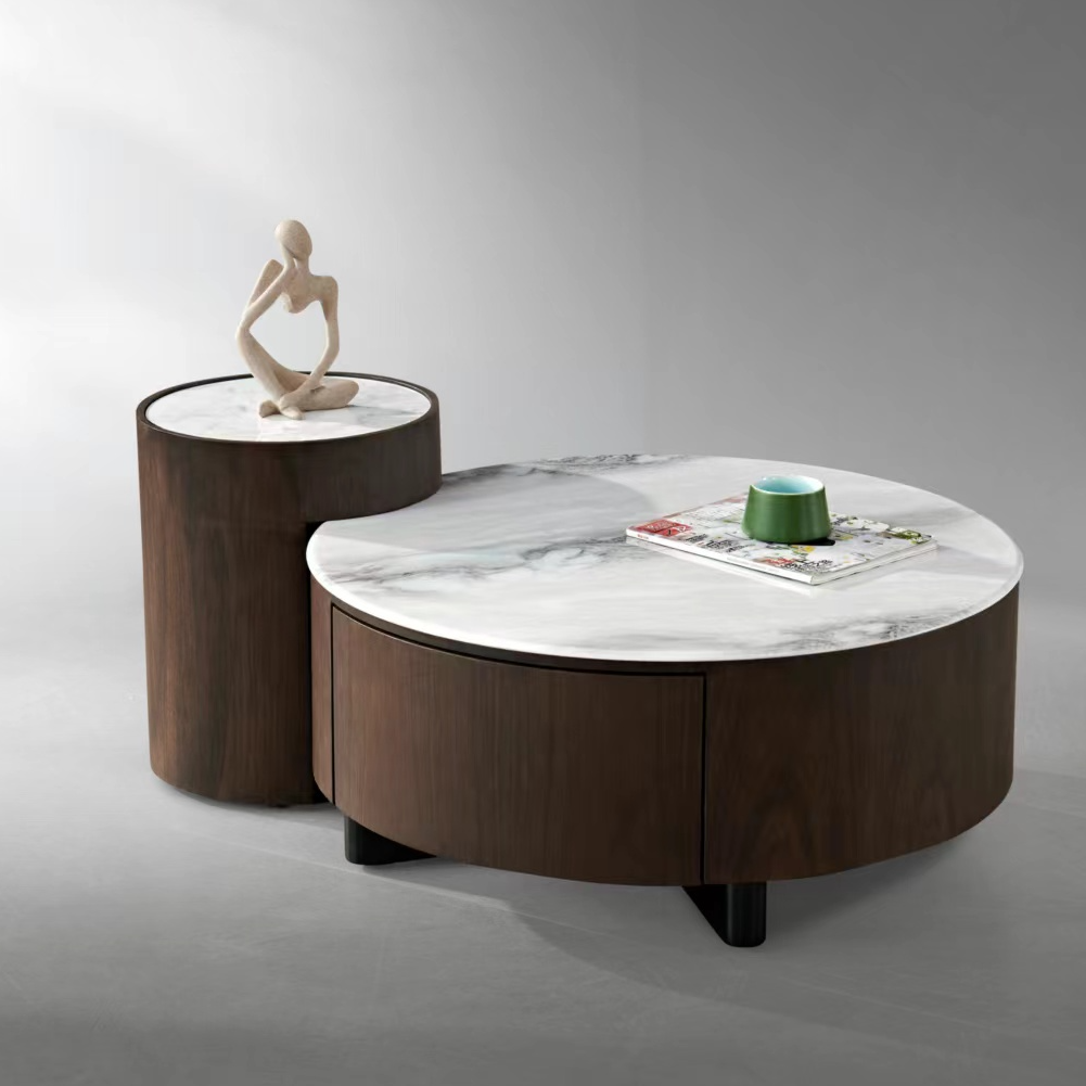 新款复古风圆形茶几大小圆胡桃色微晶石新中式茶桌