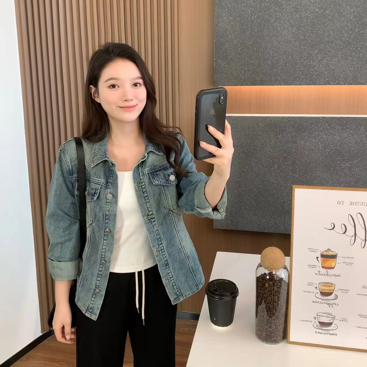 小羽酱小个子定制秋复古设计感前长后短牛仔外套宽松夹克长袖上衣