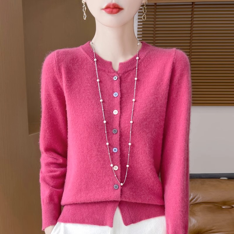 同款羊毛衫女100羊毛秋冬短款新款宽松针织开衫外套圆领毛衣百搭