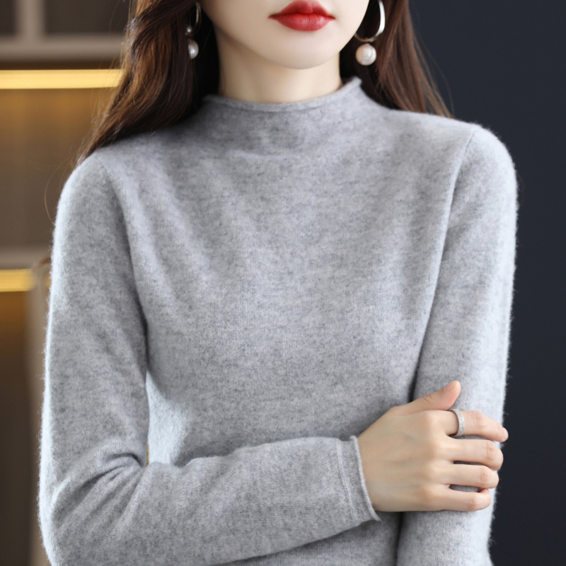 秋冬半高卷边领羊毛衫女100羊毛百搭针织衫套头羊毛毛衣打底衫