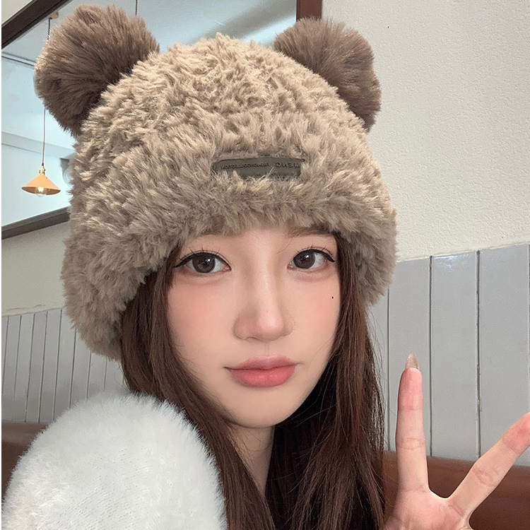 可爱小熊毛绒针织毛线帽子女秋冬季韩版百搭保暖户外骑车保暖护耳