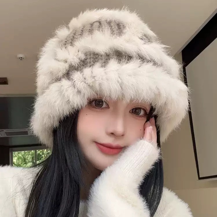 兔毛针织渔夫女秋冬护耳针织帽子保暖毛线帽毛绒帽子国潮醒狮帽子