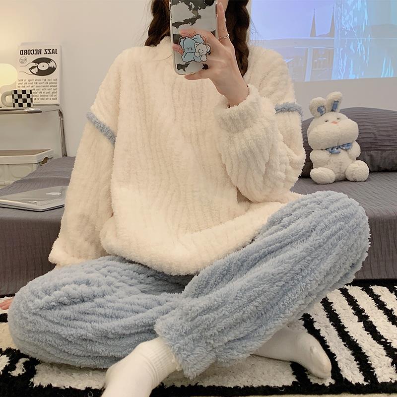 2024新款秋冬季睡衣女珊瑚绒加绒加厚简约休闲套装家居服可外穿