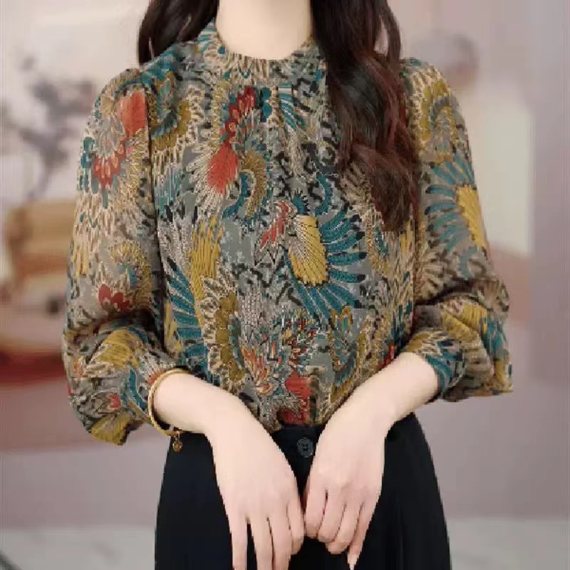 X9991时尚印花小衫女2025夏季新款显瘦遮肉轻薄透气衬衫上衣女