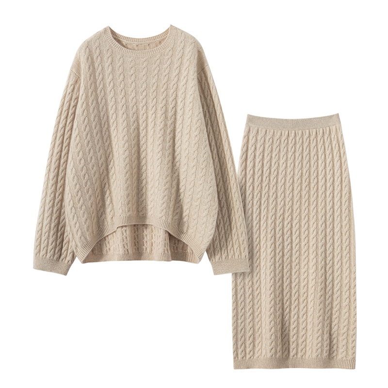 TY322价已开 加厚圆领绞花100%山羊绒衫半身裙两件套宽松针织套装