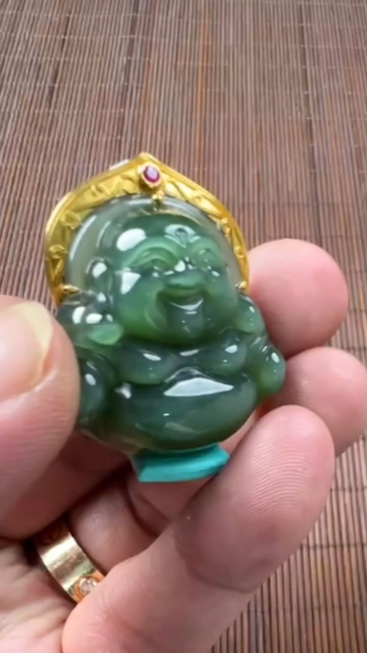 【闪购商品】和田玉吊坠(赠链)18K金镶嵌碧玉佛公吊坠 赠绳